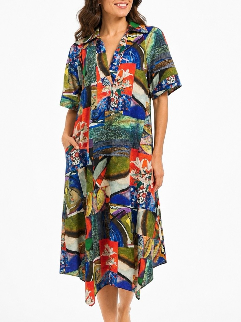 LIOR Paris Maxim Abstract Art Print Cotton Midi Shirt Dress  Medium Patchwork